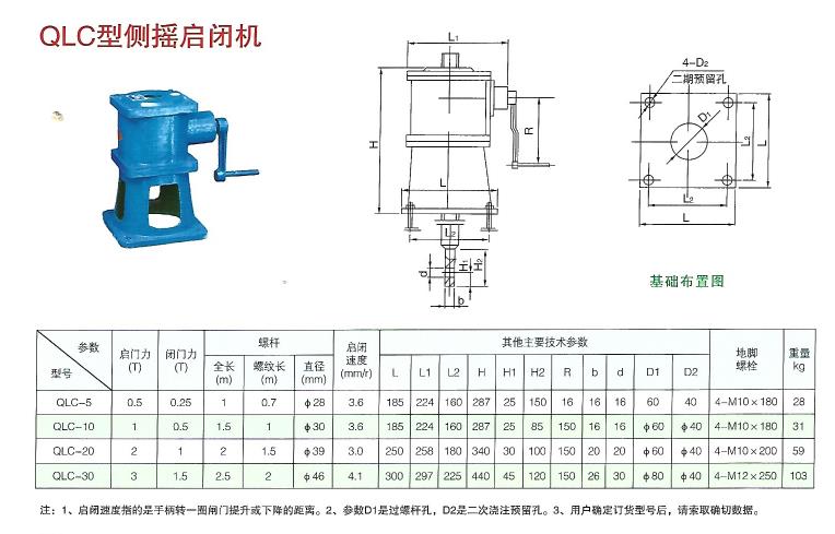 QLC型侧摇启闭机结构布置图及技术参数表